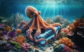 An octopus at the bottom of the ocean, near the reef holding a bottle in its tentacles