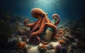 An octopus at the bottom of the ocean, near the reef holding a bottle in its tentacles