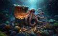 Octopus at the bottom of the sea guards a treasure chest, gold coins