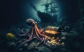 Octopus at the bottom of the sea guards a treasure chest, gold coins Royalty Free Stock Photo