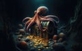 Octopus at the bottom of the sea guards a treasure chest, gold coins