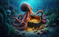 Octopus at the bottom of the sea guards a treasure chest, gold coins Royalty Free Stock Photo