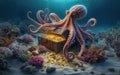 Octopus at the bottom of the sea guards a treasure chest, gold coins Royalty Free Stock Photo