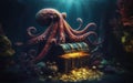 Octopus at the bottom of the sea guards a treasure chest, gold coins Royalty Free Stock Photo