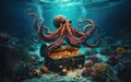 Octopus at the bottom of the sea guards a treasure chest, gold coins Royalty Free Stock Photo