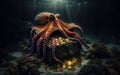 Octopus at the bottom of the sea guards a treasure chest, gold coins Royalty Free Stock Photo