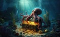 Octopus at the bottom of the sea guards a treasure chest, gold coins