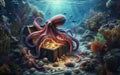 Octopus at the bottom of the sea guards a treasure chest, gold coins Royalty Free Stock Photo