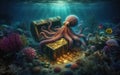 Octopus at the bottom of the sea guards a treasure chest, gold coins Royalty Free Stock Photo