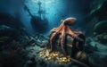 Octopus at the bottom of the sea guards a treasure chest, gold coins Royalty Free Stock Photo