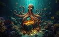 Octopus at the bottom of the sea guards a treasure chest, gold coins Royalty Free Stock Photo