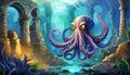 octopus on the bottom of the sea with ruins