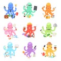 Octopus in business vector illustration octopi character of businessman constructor or housewife doing multiple tasks