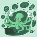 Octopus-businessman is actively working on a laptop. Royalty Free Stock Photo