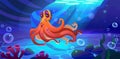 Octopus cartoon character swimming underwater.