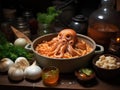 Octopus chef cooks stew in tiny pot