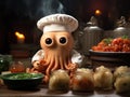 Octopus chef cooks stew in tiny pot