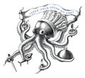 The Octopus chef logo design hand draw vintage engraving style black and white clipart isolated on white background Royalty Free Stock Photo