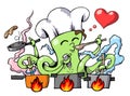 Octopus chef making meal cartoon style