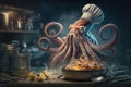 Octopus chef prepares food in a restaurant, quirky and creative.