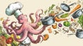 Octopus Chef Skillfully Tossing Vegetables and Pans in a Lively Kitchen Setting While Preparing a Delicious Meal Royalty Free Stock Photo