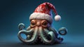 Octopus in a Christmas hat on a minimalistic background, festive mood