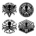 Octopus coffee set of four vector emblems, badges or logo concepts in vintage monochrome style isolated on white Royalty Free Stock Photo