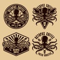 Octopus coffee set of four vector emblems, badges or logo concepts in vintage style illustration Royalty Free Stock Photo