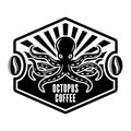 Octopus coffee vector emblem, badge, label or logo concept in vintage monochrome style isolated on white background Royalty Free Stock Photo