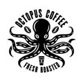Octopus coffee vector logo concept in vintage black and white style isolated on white background Royalty Free Stock Photo