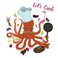 Octopus cook isolate on a white background. Lettering Lets Cook. Vector graphics Royalty Free Stock Photo