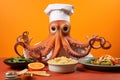 Octopus cook on yellow background