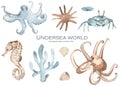 Octopus, crab, seahorse, starfish, coral watercolor set underwater world