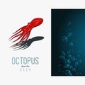 Octopus in deep. Vector color illustration on gradient background with decorative element.