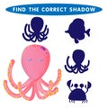 Octopus Devilfish Find the correct shadow kids educational puzzle game The Theme Of Mermaids vector illustration