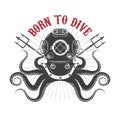 Octopus with diver helmet and two tridents. Royalty Free Stock Photo