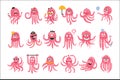 Octopus Emoticon Icons With Funny Cute Cartoon Marine Animal Characters In Different Disguises At The Party