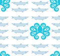 Octopus and fish pattern seamless. Nautical poulpe background. marine devilfish ornament. Ocean texture