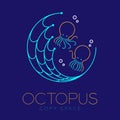 Octopus, Fishing net circle shape and Air bubble logo icon outline stroke set dash line design illustration isolated on dark blue Royalty Free Stock Photo