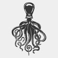 Octopus with flexible limbs extending from head and surrounding beaks, curved arms with suction cups and feeding