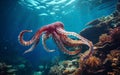 Octopus Gliding Through Sunlit Coral Reef Waters
