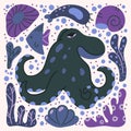 Octopus hand drawn illustration. Square cartoon poster of grey ocean animal with purple sea plants, blue fish, shell. Childish t Royalty Free Stock Photo