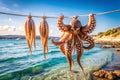 Octopus Hanging to Dry on Mediterranean Beach Royalty Free Stock Photo