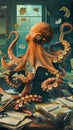 An octopus at the helm of a busy office smiling as it juggles tasks with its tentacles a symbol of ultimate assistance and Royalty Free Stock Photo