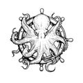 Octopus on helm wheel. Sketch hand drawn style. Retro vintage sea monster drawing. Best marine and nautical designs.