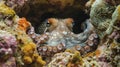 An octopus hides in a crevice of bleached coral its home and shelter now threatened by the effects of bleaching