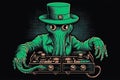 Octopus hipster green DJ with a vinyl disc and a record player. An illustration of Generative AI isolated on a black