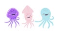 Octopus, jellyfish and squid characters set