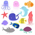 Octopus, jellyfish, squid, whale, dolphin, shark, turtle, puffer, clown fish, starfish.