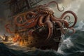 octopus kraken attacking defenseless ship, its tentacles wrapping around the deck